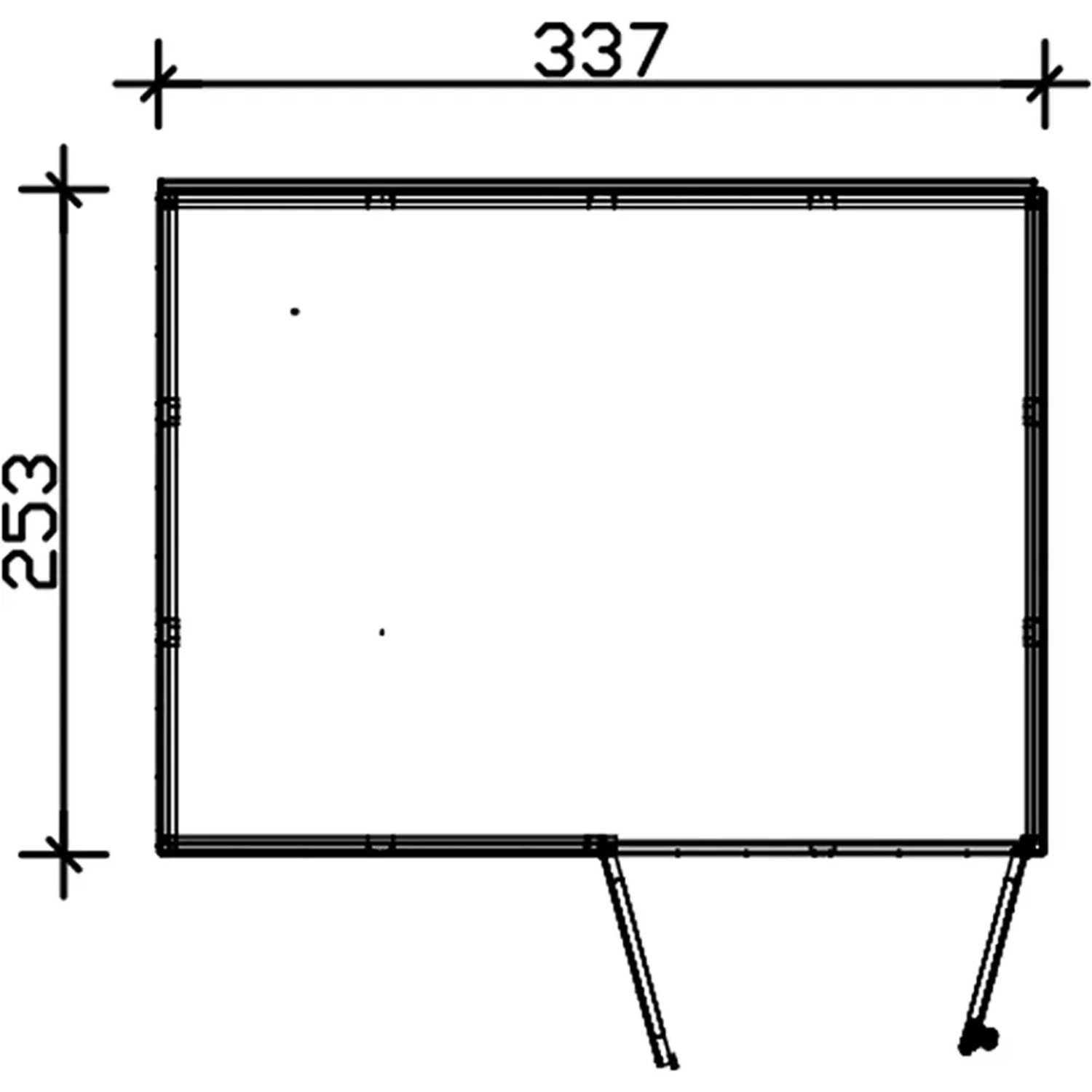 Grundriss Skan Holz Gartenhaus Melbourne 4, Telegrau, 337x253 cm, Maße des Holzhauses.
