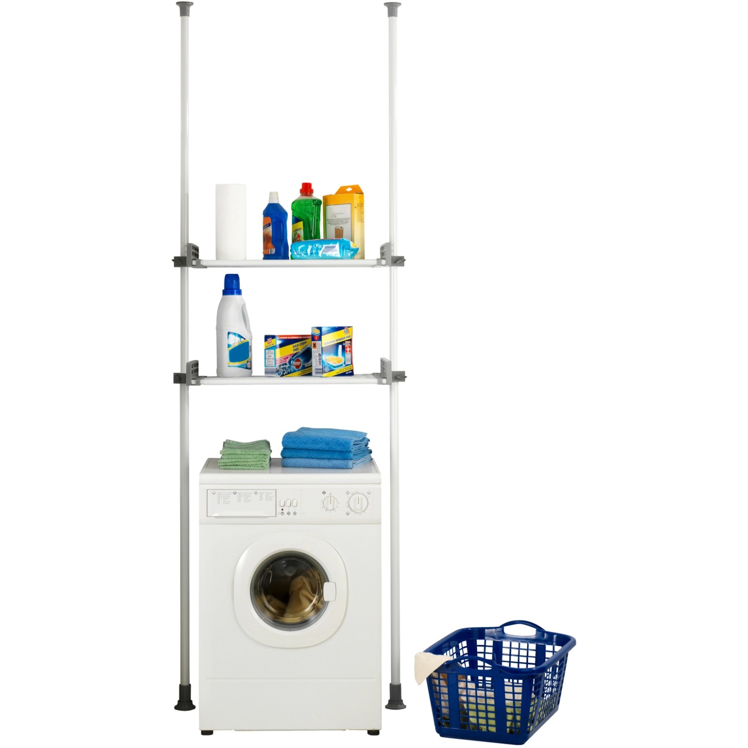 Wenko Teleskop-System Herkules Twin über Waschmaschine mit Haushaltshelfern und Wäschekorb.