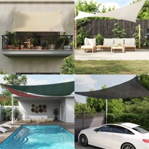 Vier Bilder zeigen Sonnensegel als Schattenspender auf Balkon, Terrasse, am Pool und Parkplatz. HDPE Sonnensegel mit UV-Schutz.