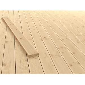 Terrassendiele aus Douglasie (2,8x14,5x200cm) auf verlegter Holzterrasse. Holz für den Außenbereich.