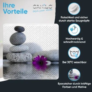 SANILO Badematte Energy Stones: Rutschfeste Duschmatte mit Steine-Motiv und lila Blüte.