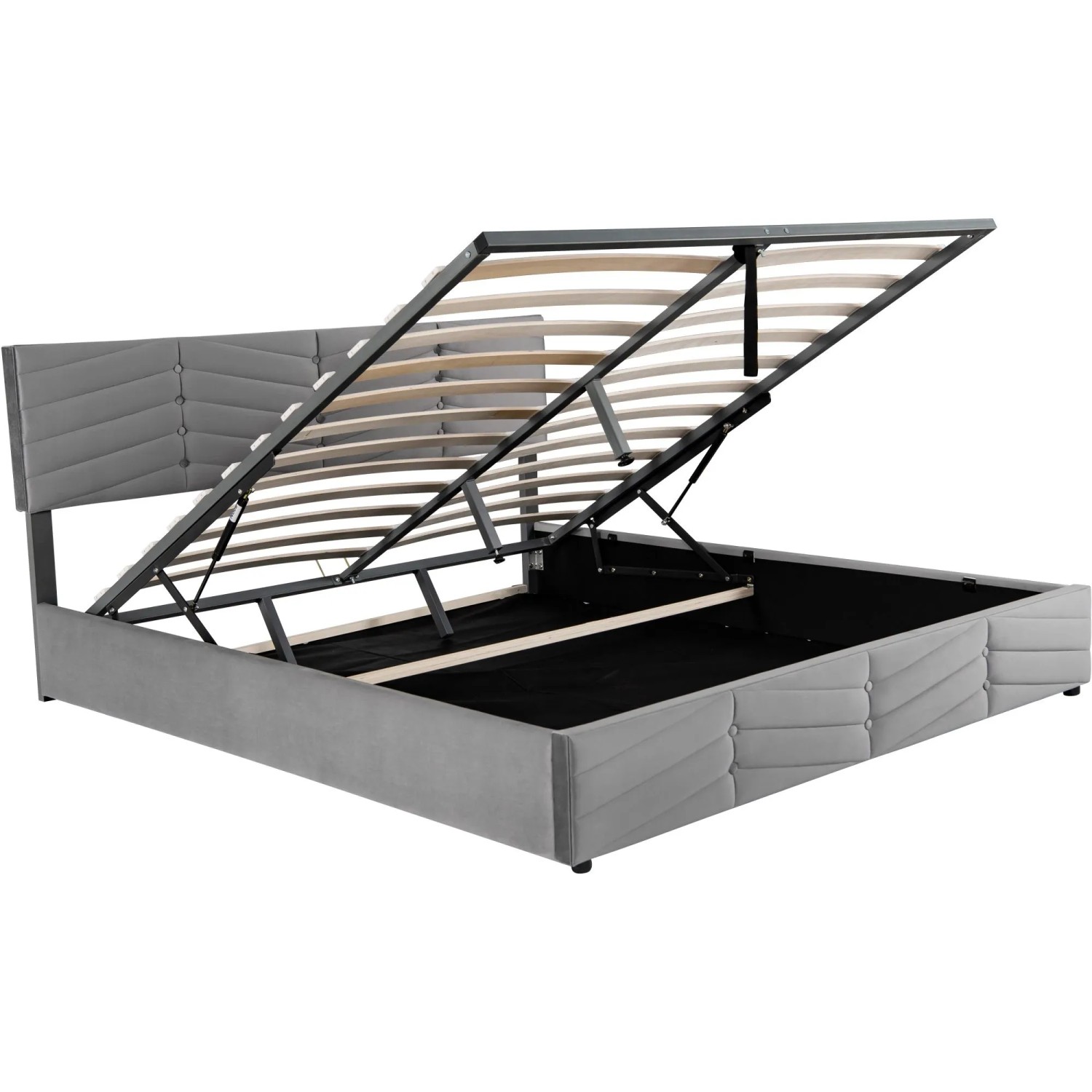 KOMHTOM Polsterbett Hydraulische 180x200Cm Doppelbett Funktionsbett Streifen-Stil Continentalbett Höhenverstellbares Kopfteil Samt Grau