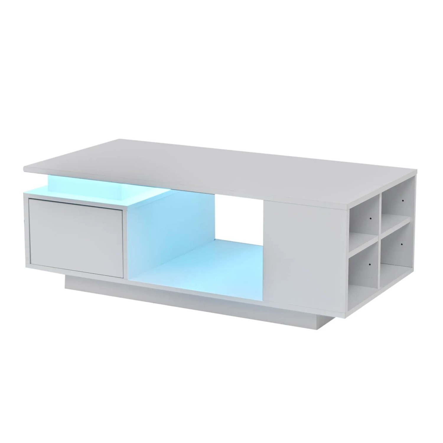 okwish Couchtisch mit LED Schublade Ablagefächer 100x50x36cm Hochglanz Weiß