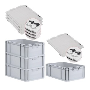 PROREGAL SuperSparSet: 4 graue Euroboxen mit Scharnierdeckel und schwarzen Schiebeverschlüssen.