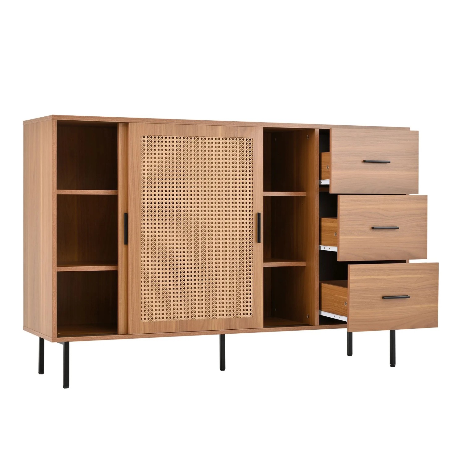 okwish Sideboard mit 2 Schiebetüren 3 Schubladen Wohnzimmer 140x91x37cm Natur