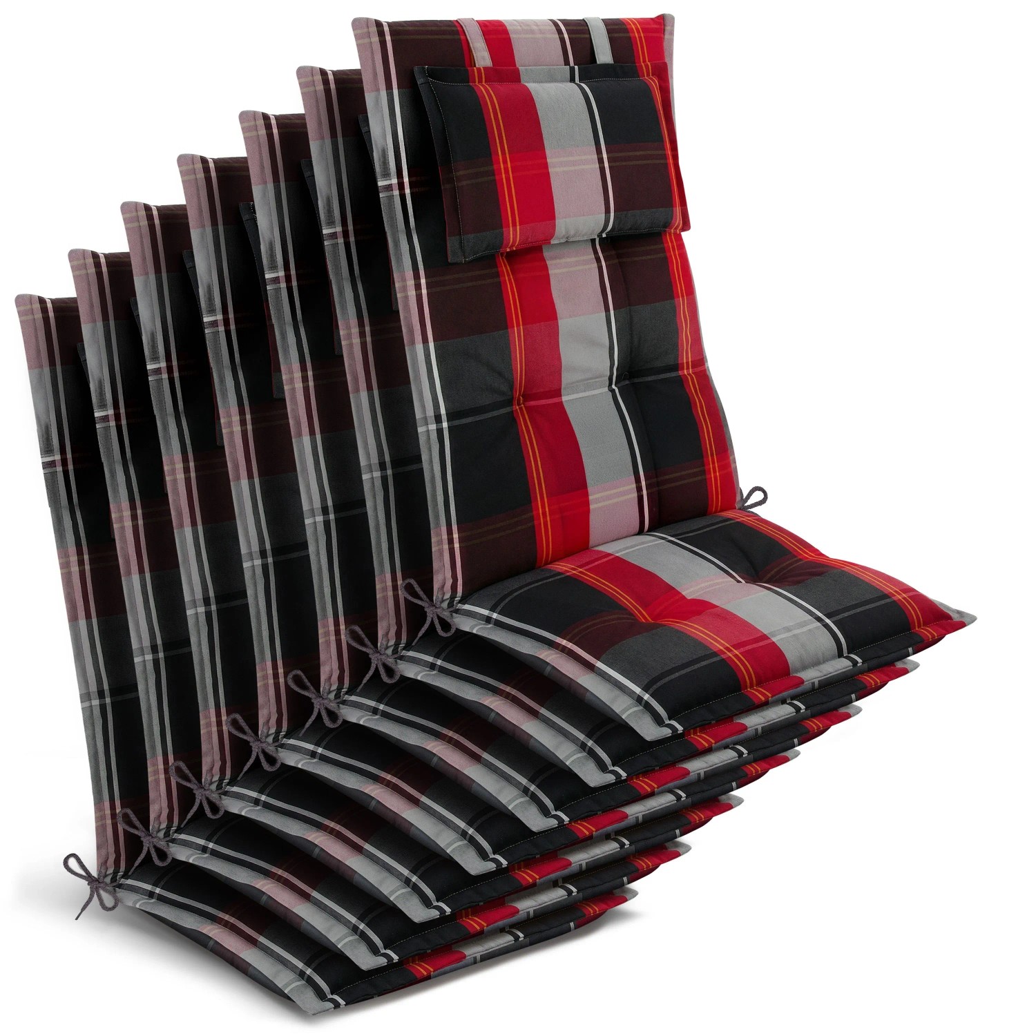 Beautissu 7x Gartenstuhlauflage Hochlehner 120x50x7cm Schwarz-Rot-Weiß-Kariert