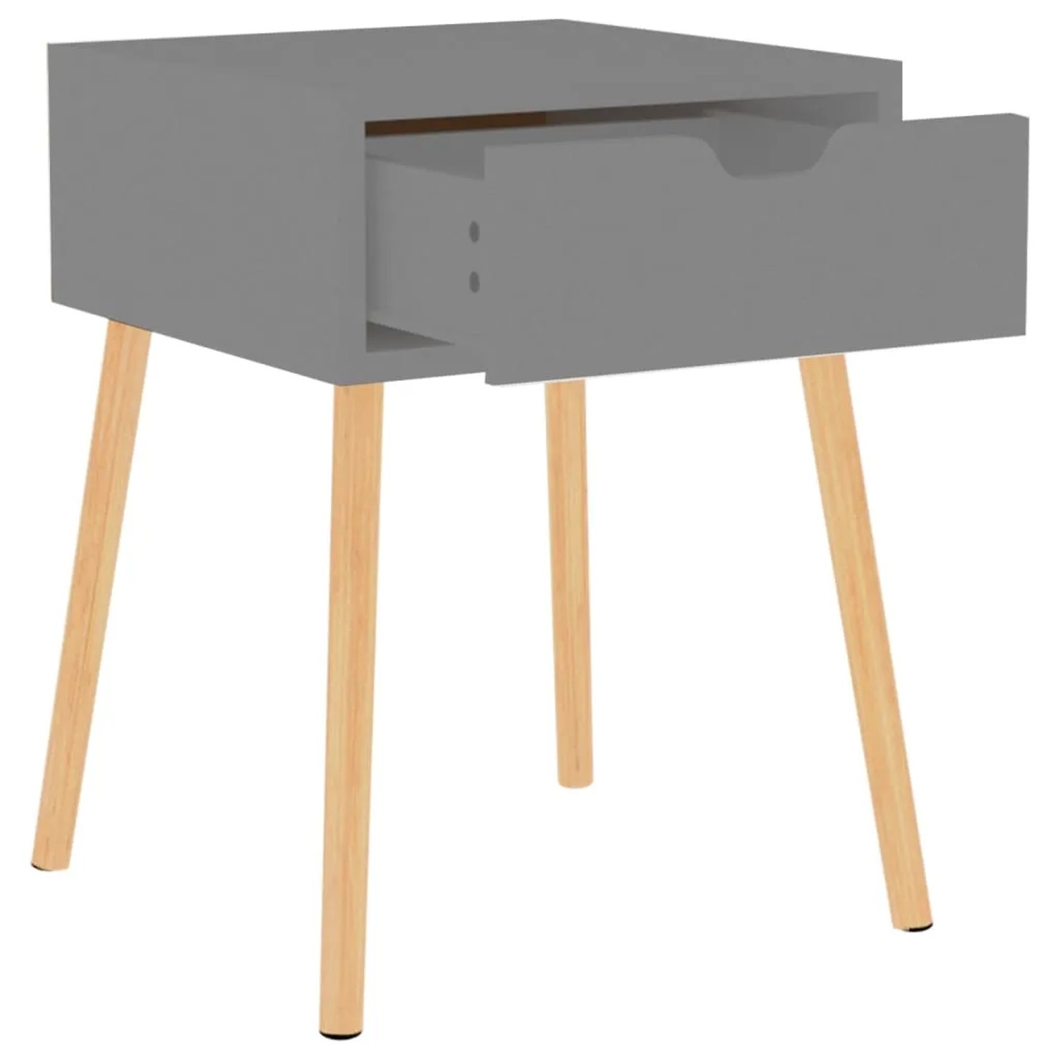 Set aus 2 grauen Nachttischen (40x40x56 cm) aus Holzwerkstoff mit offener Schublade und hellen Holzfüßen.