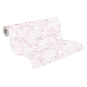 A.S. Creation Vliestapete mit Blümchenmuster in Creme-Rosa, Rolle teilweise abgerollt.