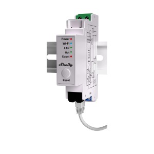 Weißer Shelly Energiezähler 50A ProEM für Hausautomation mit LAN-Kabel.