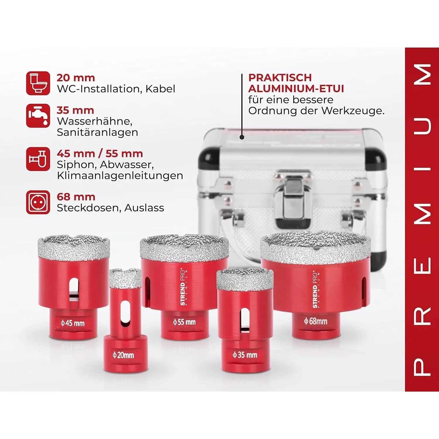 PROREGAL Diamant Bohrkronen Set mit 5 Aufsätzen (20-68mm) im Koffer für Fliesen, Glas und Feinsteinzeug.