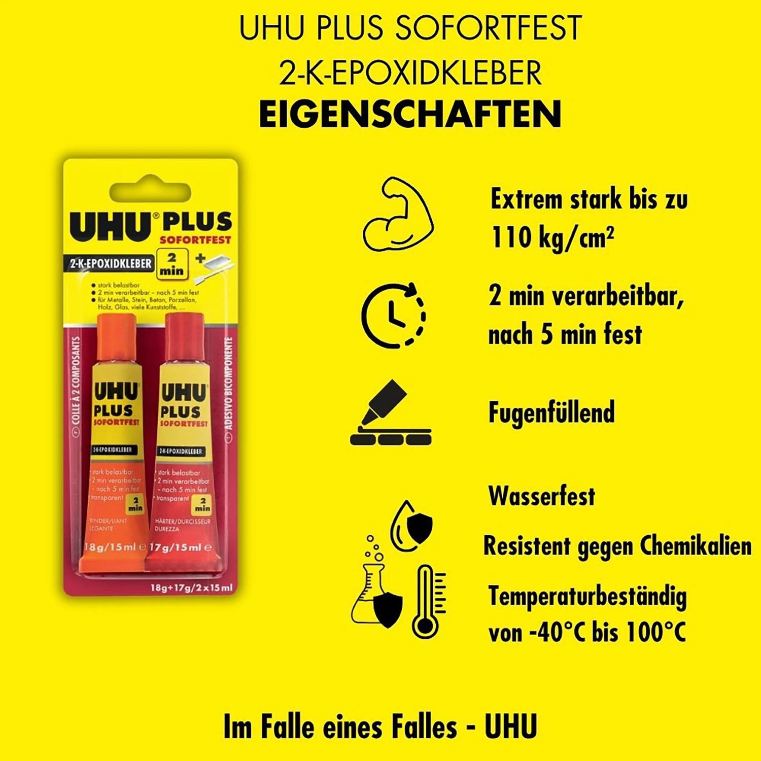 Uhu Plus Sofortfest 2-K-Epoxidkleber, transparente Doppelkammerkartusche mit Eigenschaften.