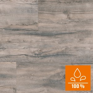 Kaindl Laminat Eiche Saloon Tombstone, wasserfest, Holzoptik. Detailansicht der Oberfläche mit Feuchtraum-Eignung.