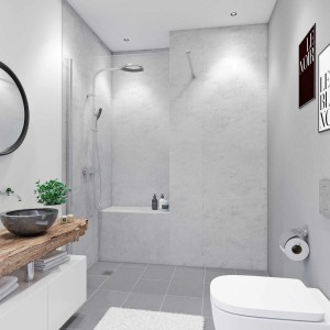 Breuer Duschrückwand Quick 72 Marmor Grau, 100x210 cm, im modernen Badezimmer.