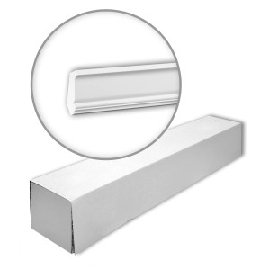 Verpackung PROFHOME Eckleisten Set, 34 weiße Zierleisten (68 m), Detailansicht der Leiste in Vergrößerung.