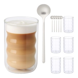 Relaxdays Latte Macchiato Gläser 6er Pack Borosilikatglas Transparent Doppelwandig mit Löffel 350 ml