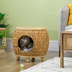 Pawhut Katzenhöhle aus Rattan im 2-in-1 Design mit Katze. Katzenkorb mit Kissen und Holzfüßen.
