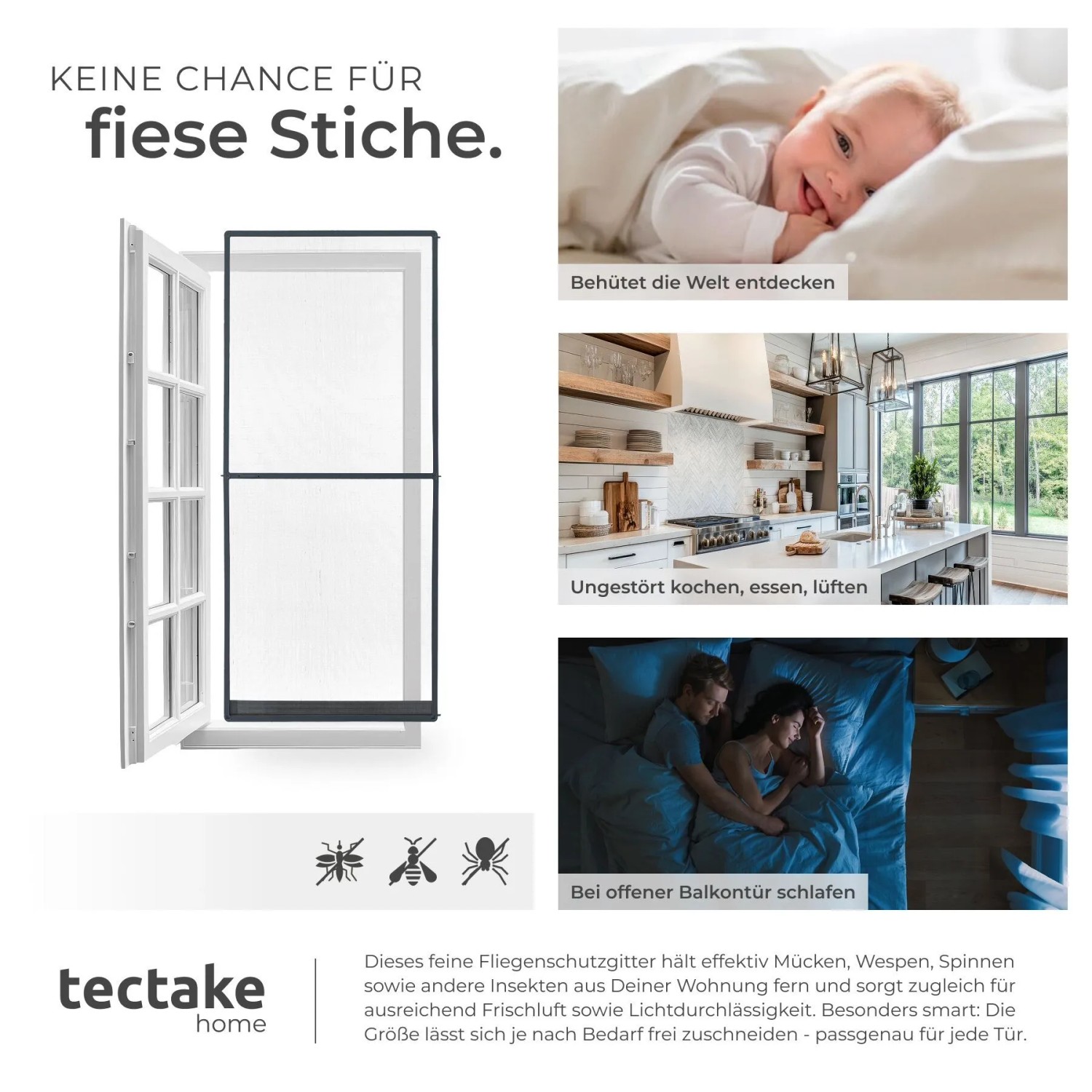 Anthrazit Tectake Fliegengitter mit Aluminiumrahmen für Türen. Zuschneidbar, schützt vor Insekten, lässt Licht und Luft durch.