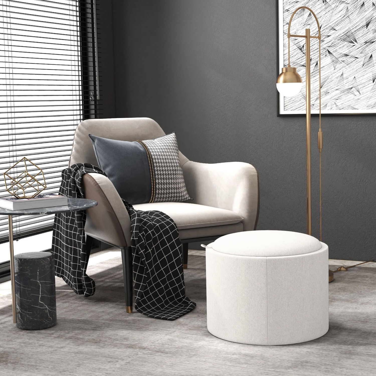 HOMCOM Ottomane in Creme mit Stauraum, Leinenoptik, vielseitig als Hocker oder Beistelltisch nutzbar.