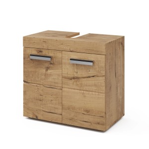 Vicco Waschbeckenunterschrank Luna in Eiche, 60 cm breit, mit zwei Türen und silbernen Griffen.