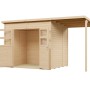 Elementgartenhaus Felix2Plus natur aus Holz mit Dachverlängerung und offenen Doppeltüren.