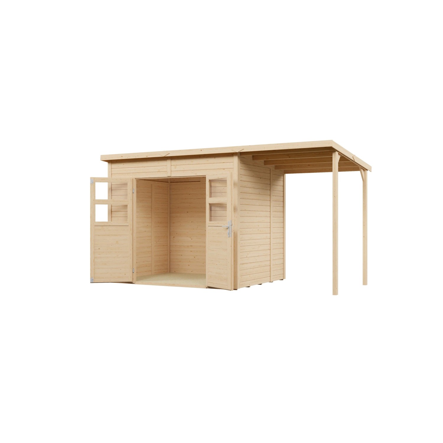 Elementgartenhaus Felix2Plus natur aus Holz mit Dachverlängerung und offenen Doppeltüren.