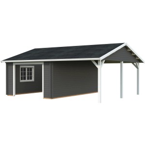 Palmako Garage Roger, dunkelgrau-weiße Fertiggarage mit Carport und Fenster.