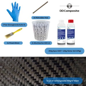 DD Composite Carbon Komplett-Set 1,0m² Köper mit Gewebe, Epoxidharz, Härter, Pinsel, Handschuhe, Becher und Rührstäbe.