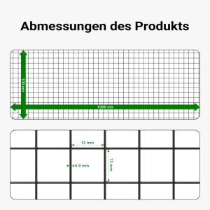 Grafik: Wiltec Maschendrahtzaun, 100cm x 10m, 0,9mm Drahtstärke, 12x12mm Maschenweite.