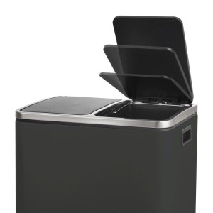 Schwarzer Mülleimer mit 2 Fächern für Mülltrennung, Soft-Close-Deckel und Edelstahlrand.