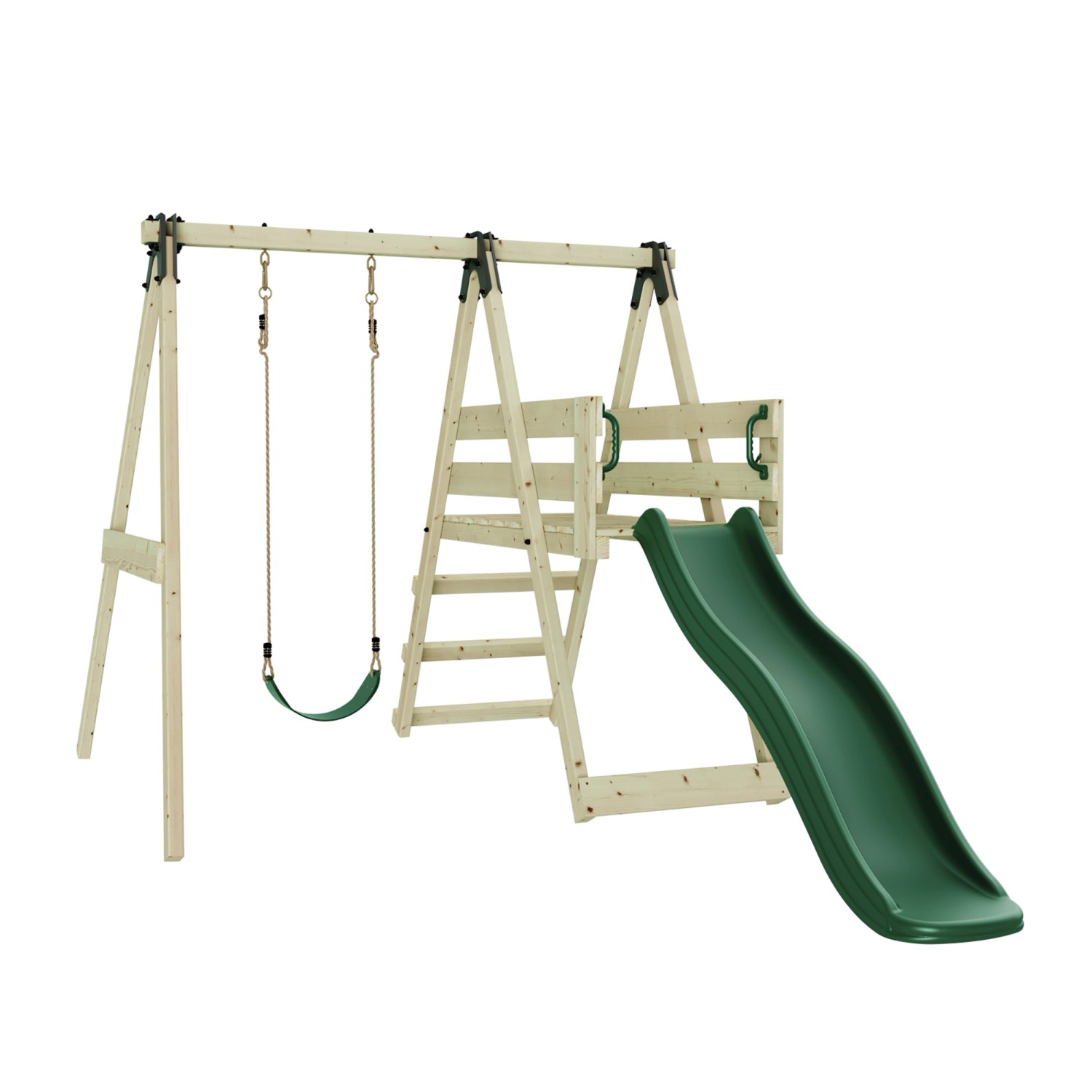 REBO Schaukel Orchidee dunkelgrün mit Schaukel und Rutsche aus Holz für Kinder.
