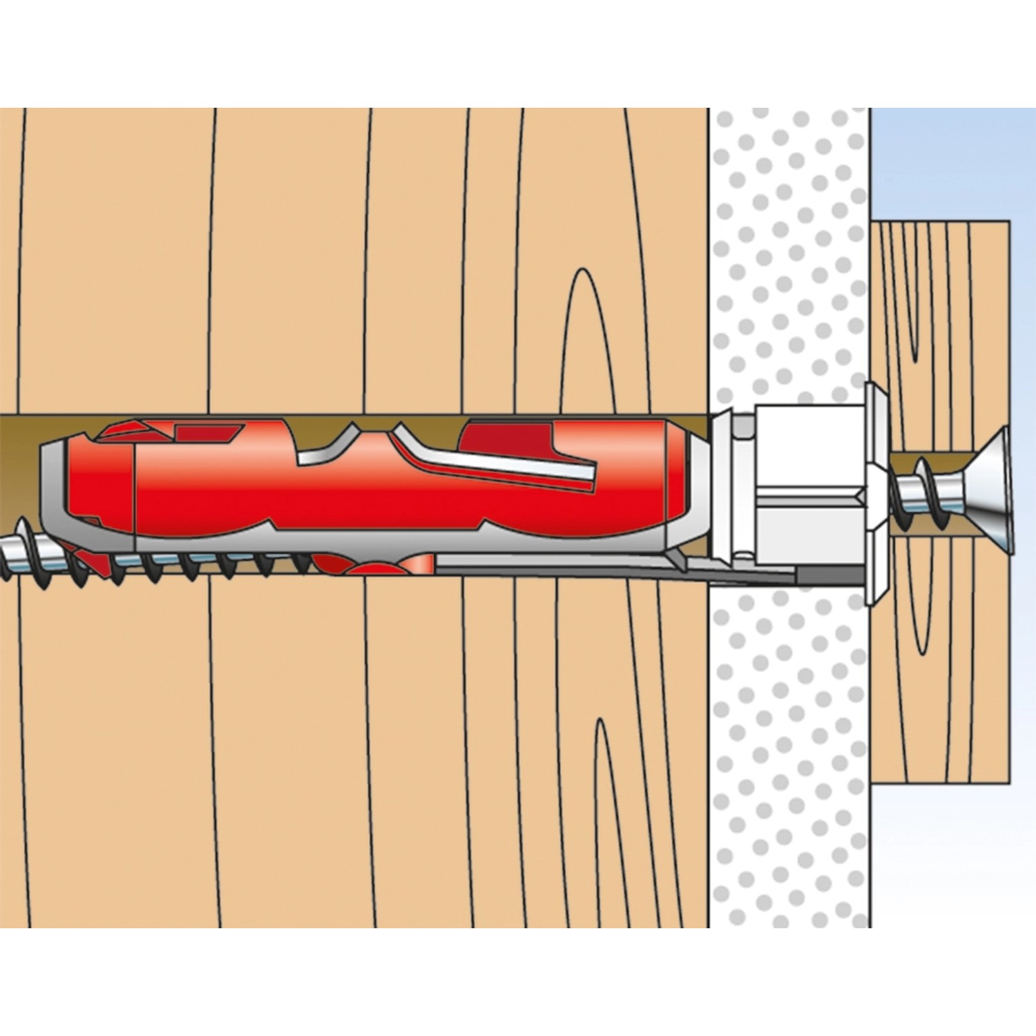 Fischer Duotec Kippdübel 10 S mit Schraube in Wand, geeignet für Gipskarton und Holz.