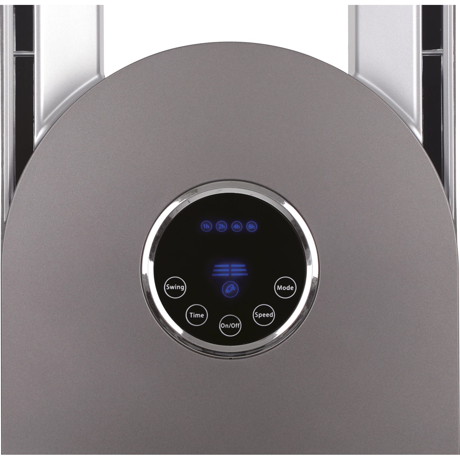 Detailaufnahme: Anthrazitfarbener Standventilator Bladeless TV 45-67 mit Touch-LED-Display.
