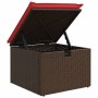 Brauner Poly Rattan Gartenhocker mit rotem Kissen und Stauraum, Teil der vidaXL Sofagarnitur.