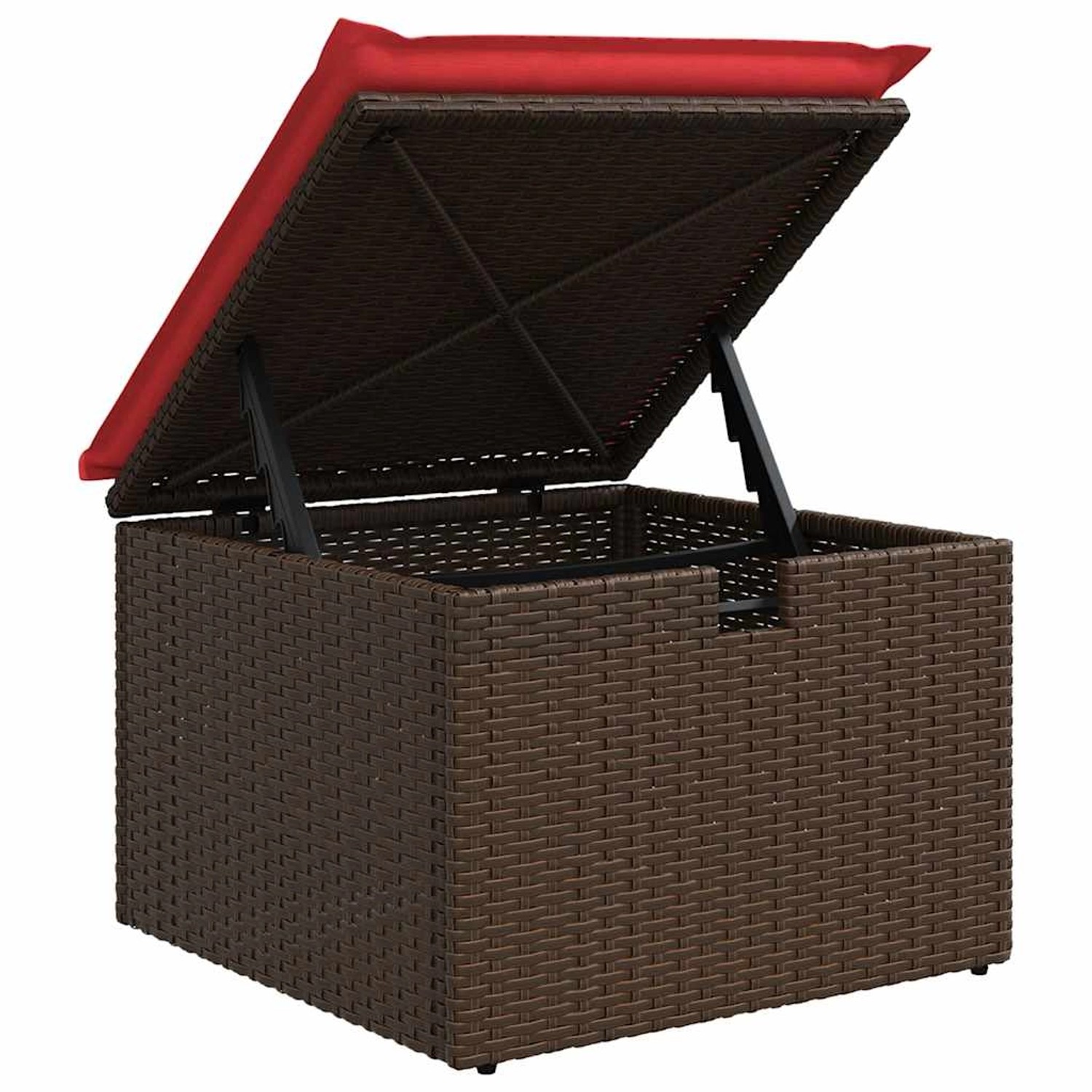 Brauner Poly Rattan Gartenhocker mit rotem Kissen und Stauraum, Teil der vidaXL Sofagarnitur.