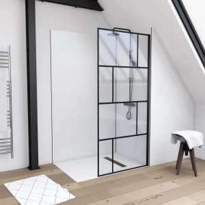 Aurlane Walk-In Duschwand Bricks, 90x195cm, mit schwarzem Rahmen und transparentem Glas im Badezimmer.