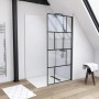 Aurlane Walk-In Duschwand Bricks, 90x195cm, mit schwarzem Rahmen und transparentem Glas im Badezimmer.