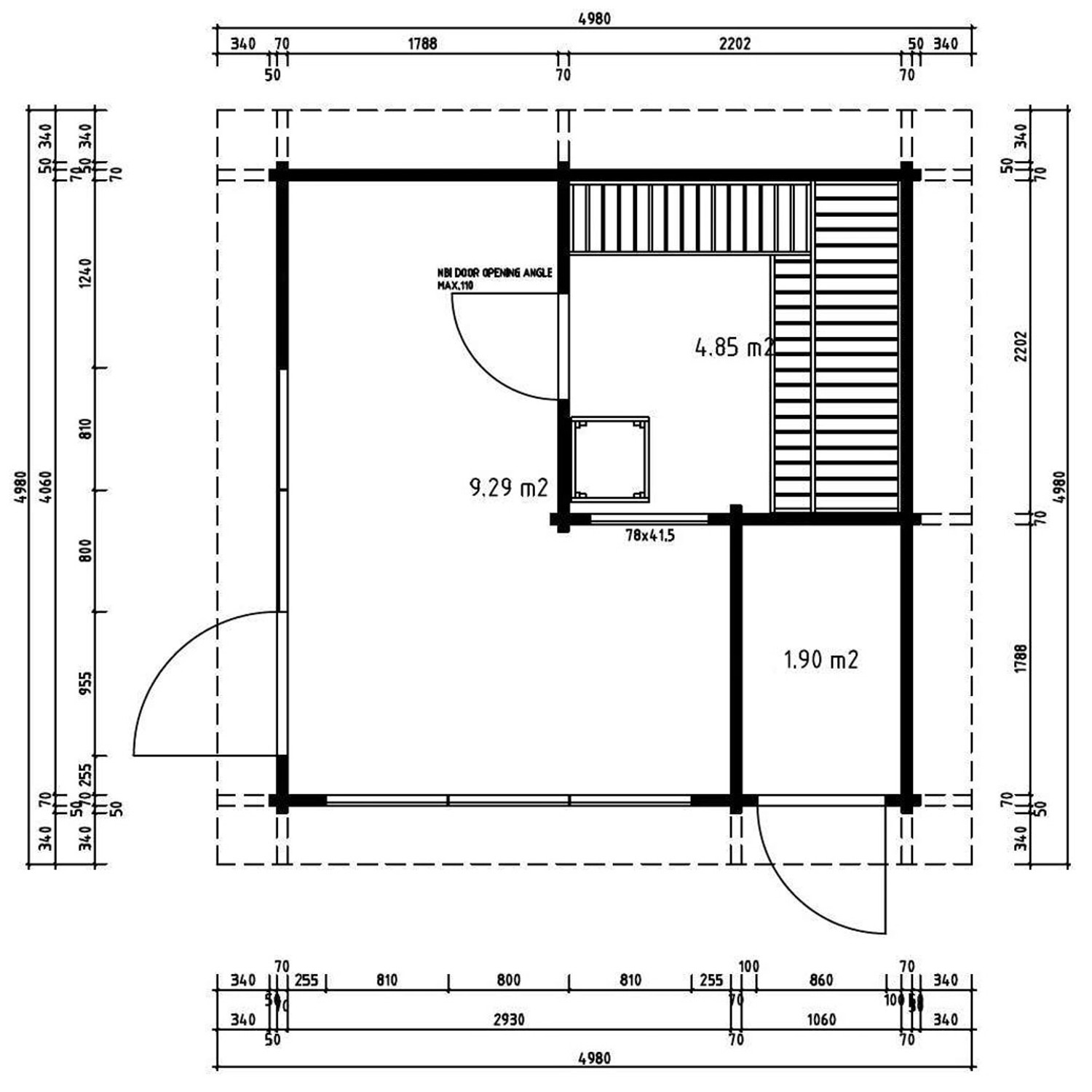 Grundriss Finntherm Gartensauna Cubus-70 E, 498x498 cm, mit Maßangaben für Planung. Massivholzsauna für Garten.