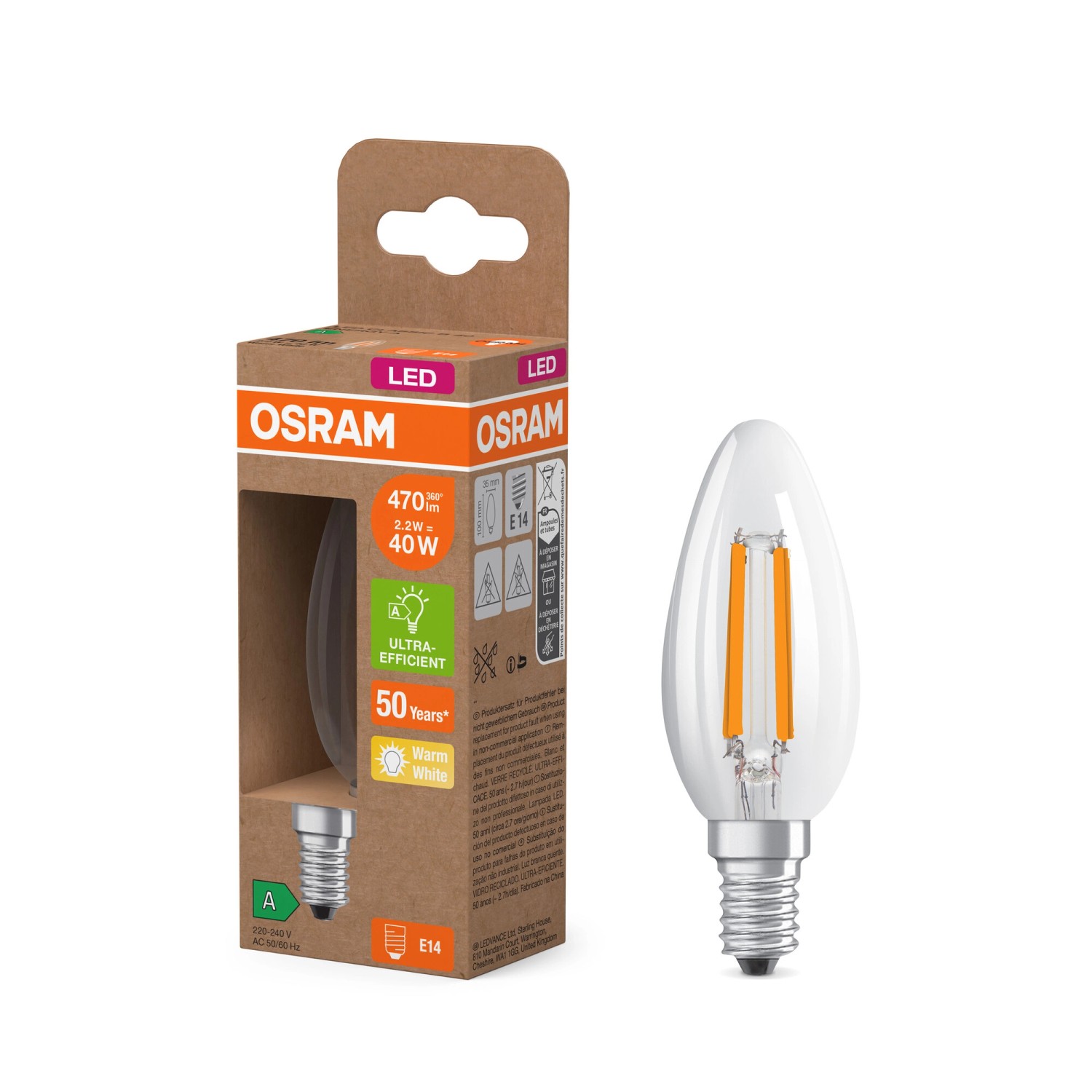 Osram Leuchtmittel E14 Kerzenform 2.700 K 470 lm 2,2 W