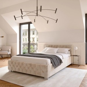 Beiges Polsterbett Nizza 120x200 cm mit Chesterfield-Steppung, Bettkasten & LED-Beleuchtung im Schlafzimmer.