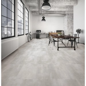 Graue Click-Vinylboden Fliesen in Steinoptik, ideal für Wohn- und Feuchträume.