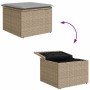 Beiges vidaXL Gartenmöbel-Set mit Stauraum, Poly Rattan, bestehend aus Hocker mit Kissen, offen und geschlossen.