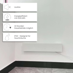 Weiße Dalsys Anti-Schimmel-Heizung (60W) an Wand montiert. Ideal für Bad und Küche.