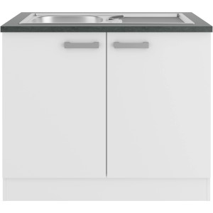 OPTIFIT Oslo214 Spülenunterschrank, 100 cm, Feinstruktur Weiß mit Edelstahlspüle und anthrazitfarbener Arbeitsplatte.