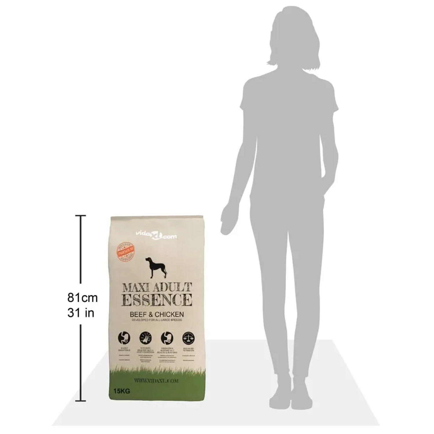 vidaXL Maxi Adult Essence Rind & Huhn Trockenfutter 15 kg, beige-grüner Sack, 81 cm hoch, neben Person.
