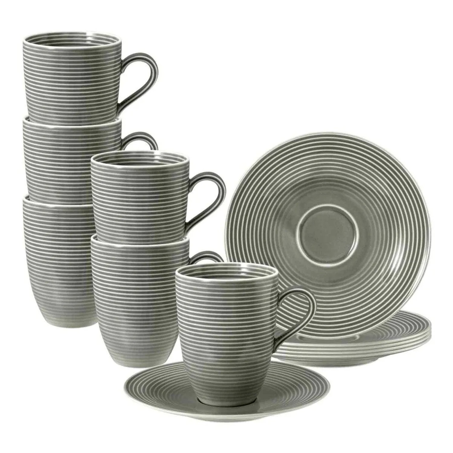 Seltmann Weiden Beat Color Glaze Henkelbecher mit Untertassen 6er Set Perlgrau