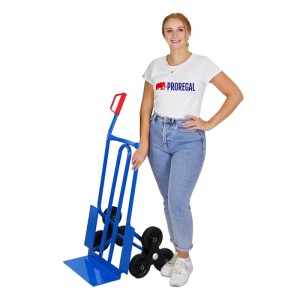 Blauer PROREGAL Treppensteiger RHINO XL mit Vollgummirädern und Schaufel. Tragkraft 250kg.