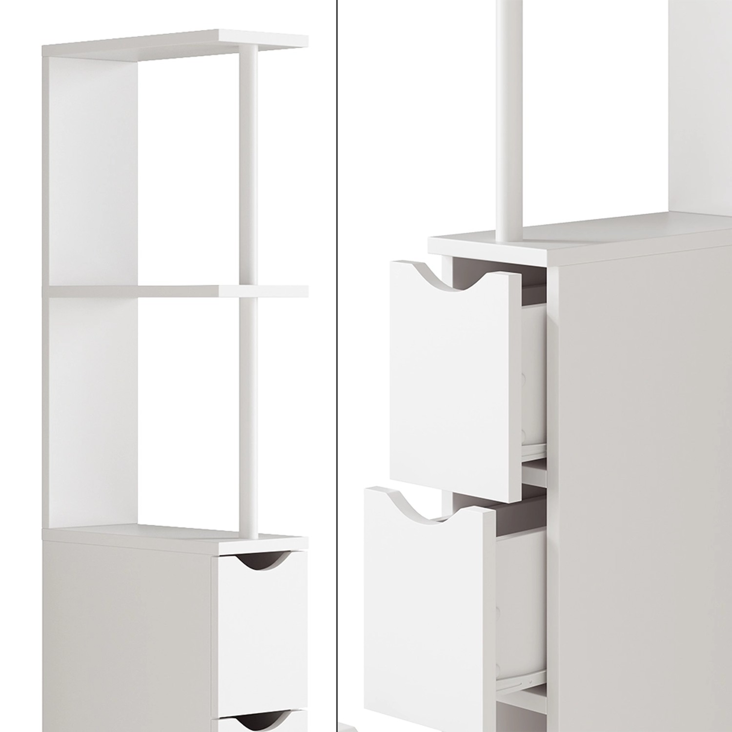 Weißer Vicco Badschrank Vera (137x15cm) mit 3 Schubladen und offenen Regalfächern.