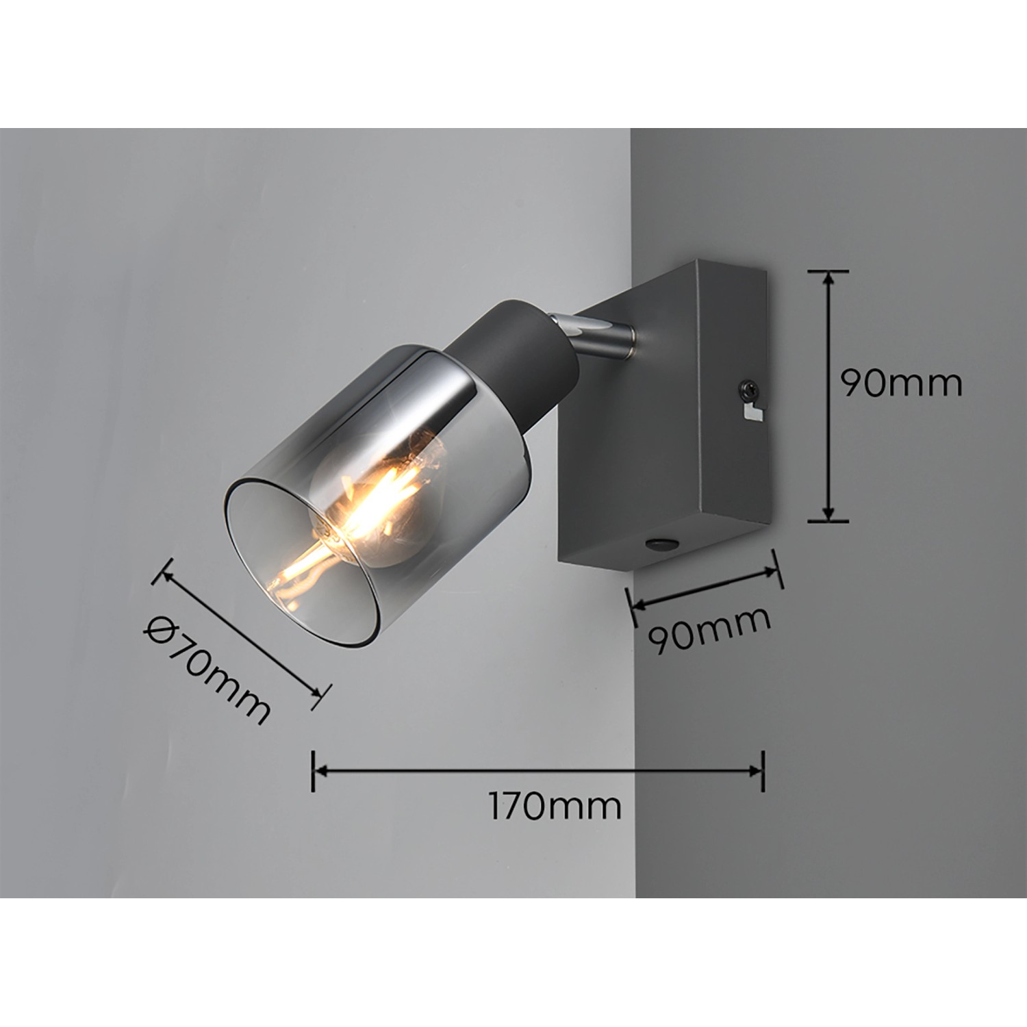 Moderner Reality Strahler Cadiz in Anthrazit mit chrombedampften Glas, 9x9x15cm.