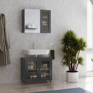Graues Vicco Badmöbel-Set Malte, 2-teilig mit Waschbeckenunterschrank und Spiegelschrank.