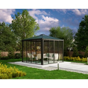 Canopia Ledro Pavillon 3x3 in Anthrazit/Grau mit Möbeln im Garten.